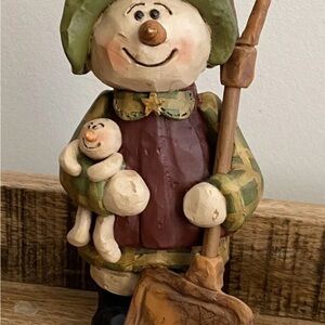 Vintage Blossom Bucket Collection Snowman with Green Hat   baby and Brown Shovel